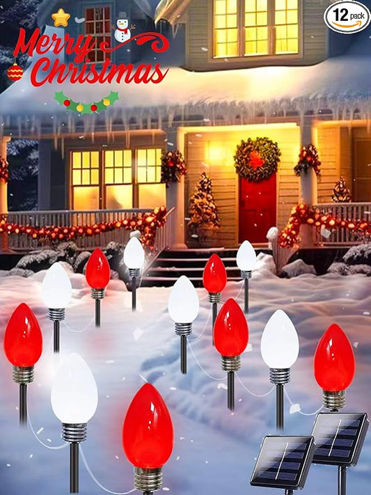12 Pack Large C9 Christmas Decorations Outdoor Waterproof, Solar C9 Christmas Lights Outdoor with 2 Modes, Solar Pathway Light for Outside Party Yard Lawn Patio Walkway Xmas Decoration (Red and White)