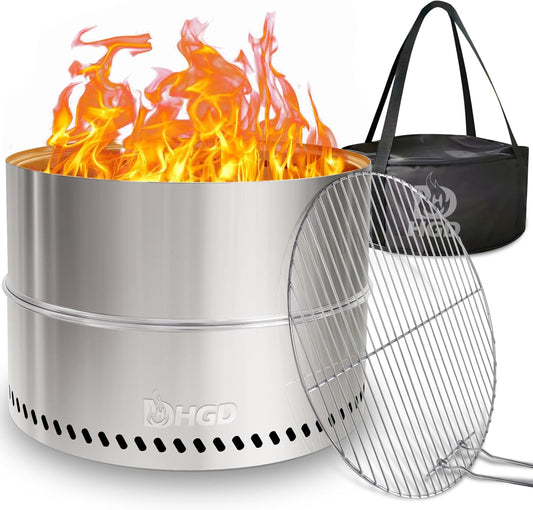 HGD 19.5 Inch Smokeless Firepit with Grill, Portable Wood Burning Fire Pit for Camping & Backyard, Stainless Steel Outdoor Fireplace with Travel Bag, Easy Setup & Compact Storage - Foldable Design