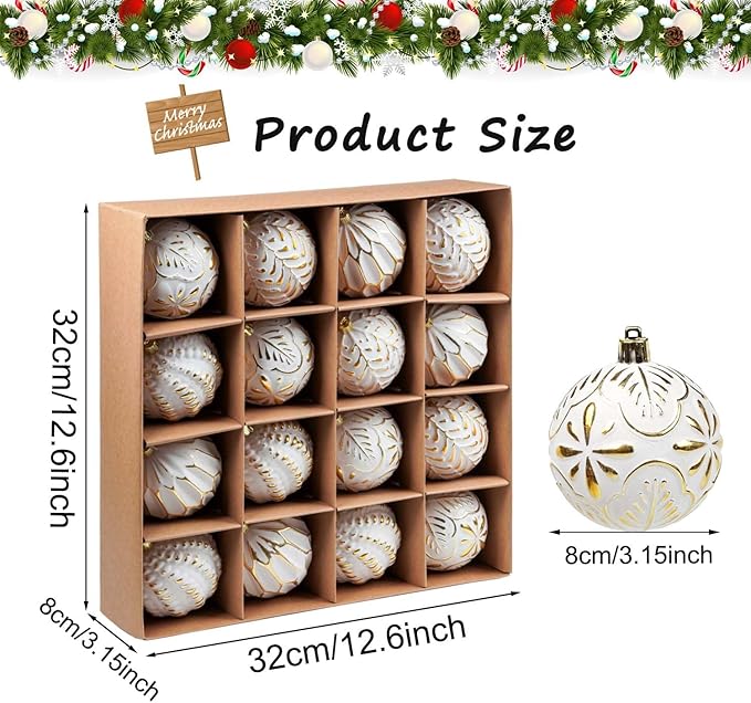 Christmas Ball Ornaments Set, 16ct 80mm Elegant White and Gold Assorted Xmas Tree Ball Ornaments, Shatterproof Christmas Tree Hanging Ornaments for Xmas Decoration