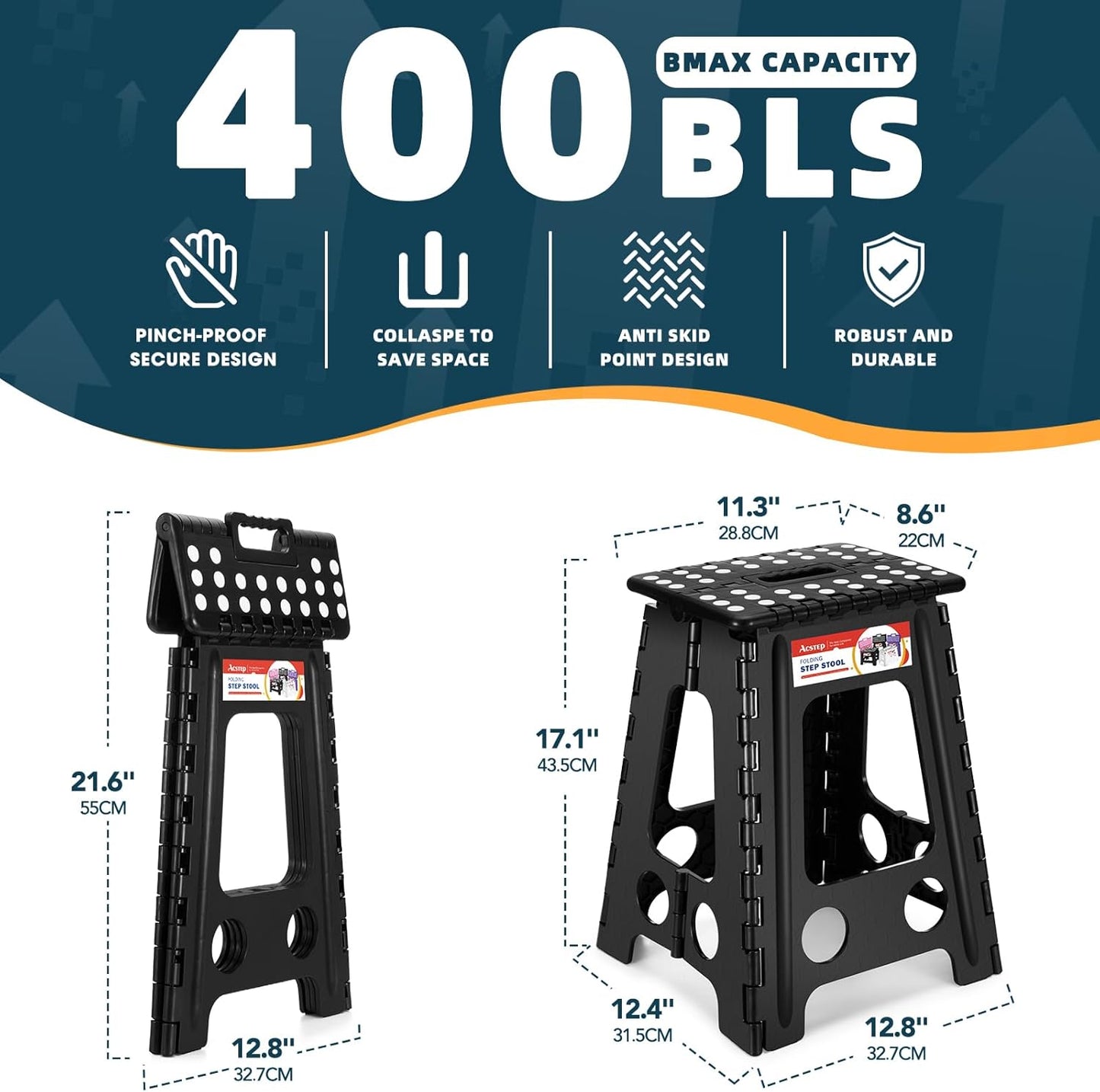 ACSTEP Folding Step Stool 17.5 Inch Heavy Duty Step Stool Foldable for Adults and Kids, Collapsible Stepping Stool with Handle, Non Slip Folding Stools for Kitchen Hold Up to 400lbs (Black 1PC)