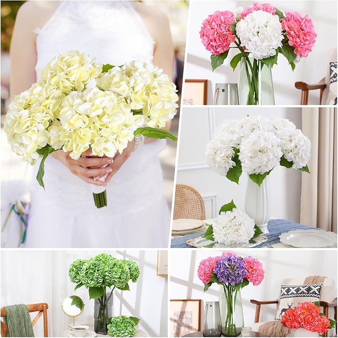 Nubry 22.44In Beige Hydrangea Artificial Flowers,4Pcs Latex Faux Real Touch Large Hydrangea Flowers with Long Stems & Leaves for Home Office Decor Wedding Party Arrangements(Beige)