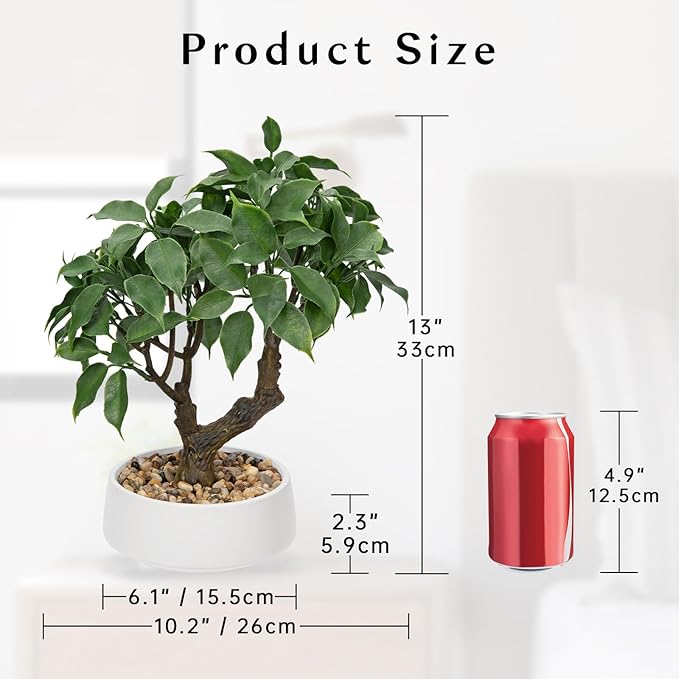 Artificial Bonsai Tree, Small Ficus Bonsai Tree 13" Indoor Bonsai Tree Fake Potted Plant Decorative Fake Desk Plant Decor with Ceramic Pot for Home Office Living Room Bedroom Bathroom Table Shelf