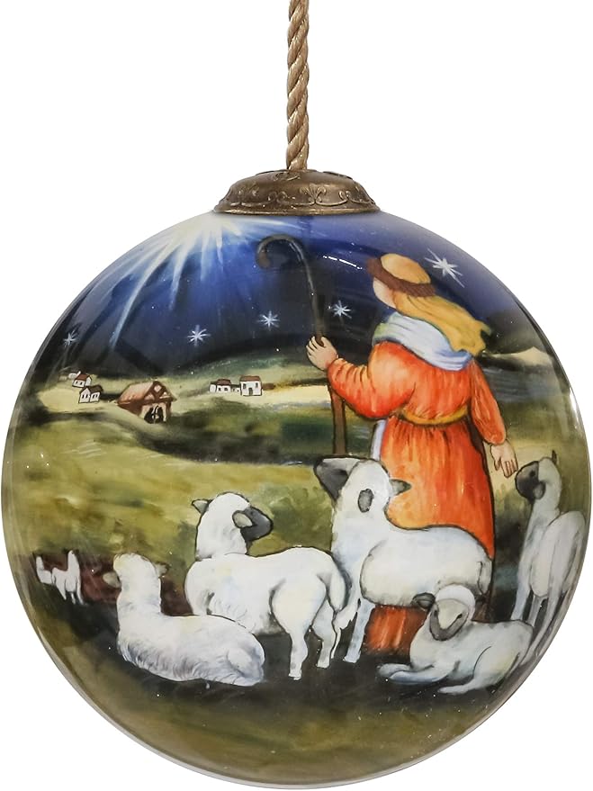 Little Shepherd Boy Nativity Ornament–Hand-Painted Glass Christmas Ornament – Shepherd with Sheep and Star of Bethlehem – Religious Christian Ornament – Catholic Keepsake