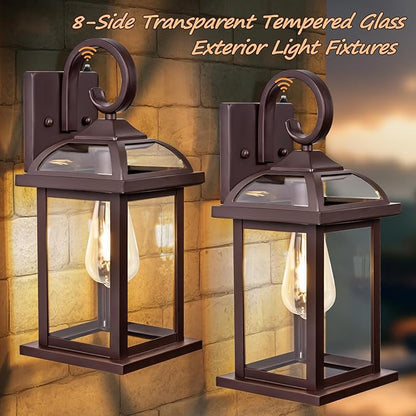 Dusk to Dawn Outdoor Lighting Oil Rubbed Bronze 2-Pack, 15 Inch Aluminum Anti-Rust Front Porch Lights with IP65 Clear Tempered Glass Exterior Light Fixtures for House Brown Carriage Lights