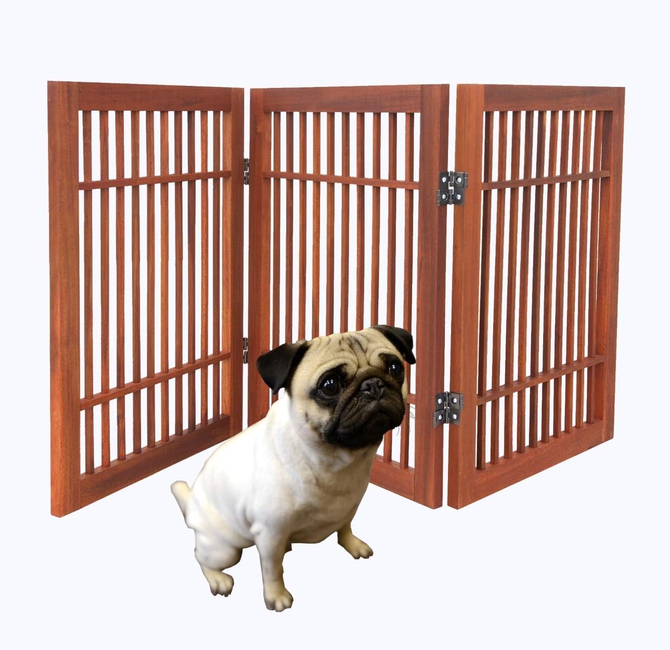 Pet Dog Gate Strong and Durable Freestanding Folding Acacia Hardwood Portable Wooden Fence Indoors or Outdoors by Urnporium (Brown Pet Gate, 3 Panel 24" Tall)
