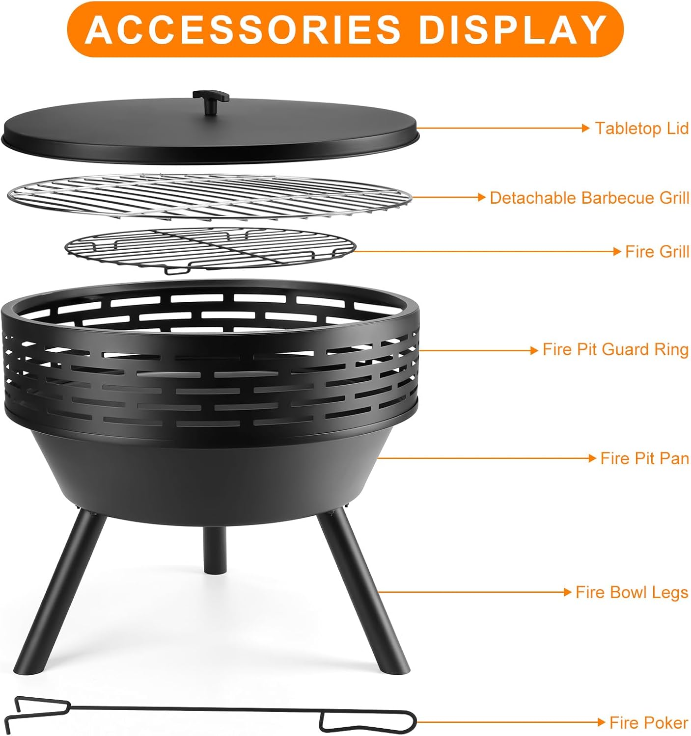 23 Inch Cast Iron Round Fire Pit with Grill, 3-in-1 Outdoor Fire Bowl, Fire Pit Table with Metal Lid and Fire Poker, Wood Burning Firepit for BBQ Bonfire Patio Picnic