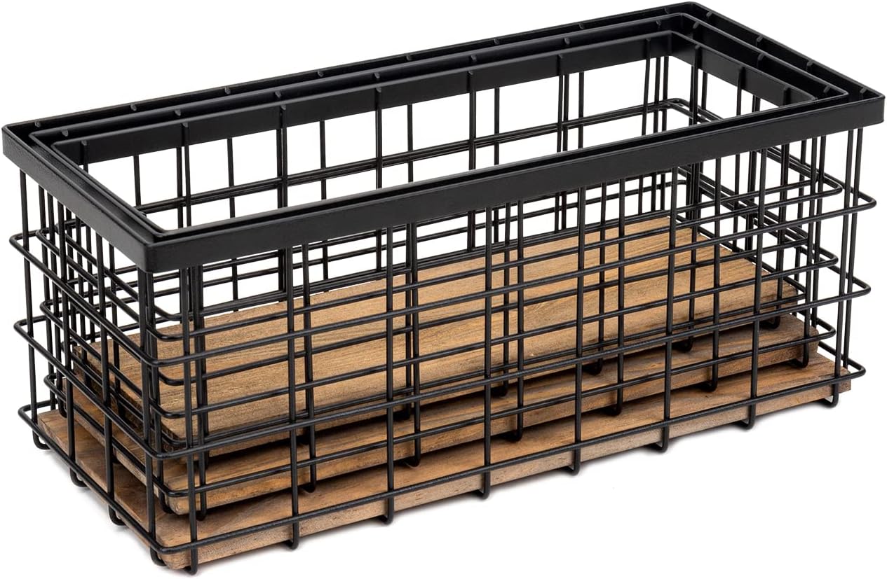 TIEYIPIN Farmhouse Decor Metal Wire Storage Baskets, Wood Base Containers Organizing Basket Caddy Bin for Kitchen Cabinets, Bathroom, Pantry, Garage, Laundry Room, Closets - Small - Black (Set of 3)
