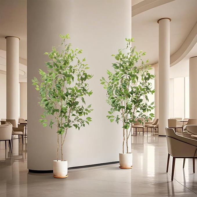Artificial Fake Ficus Tree 7FT Tall 2Pack with White Planter & Free Moss, Artificial Plants Indoor, Artificial Trees for Home Decor Indoor, Faux Ficus Tree