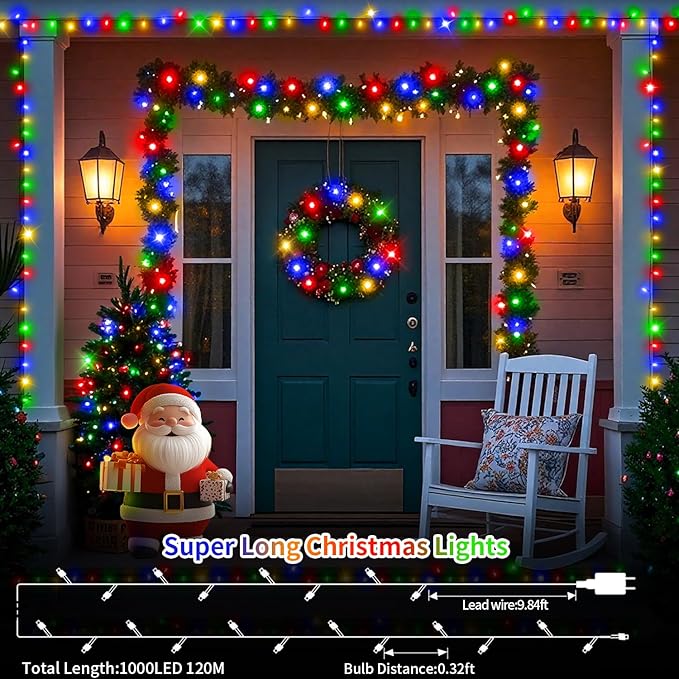 403 FT 1000 LED Christmas Lights Outdoor Fairy Lights Plug In Extra Long String Lights Clear Wire Waterproof 8 Modes Timer for Outside House Tree Garden Yard Wedding Party Decorations-Multicolored