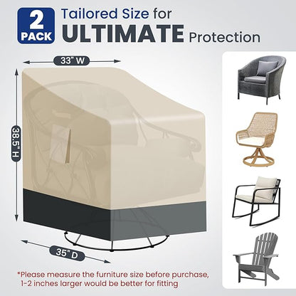 Extra Heavy Duty Patio Chair Covers Waterproof Up to 8000pa, 2 Pack Patio Furniture Covers for Outdoor Swivel/ Rocking Chair/ Adirondack Chairs, Outdoor Seat Cover with Air Vents, 33"W x 35"D x 38.5"H