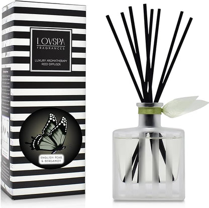 LOVSPA Reed Diffuser Set, English Pear & Bergamot Scented Oil Diffuser with Sticks, Home Fragrance Accessories for Bathroom Shelf Decor, Aroma Diffusers for Home or Office Desk, USA Made