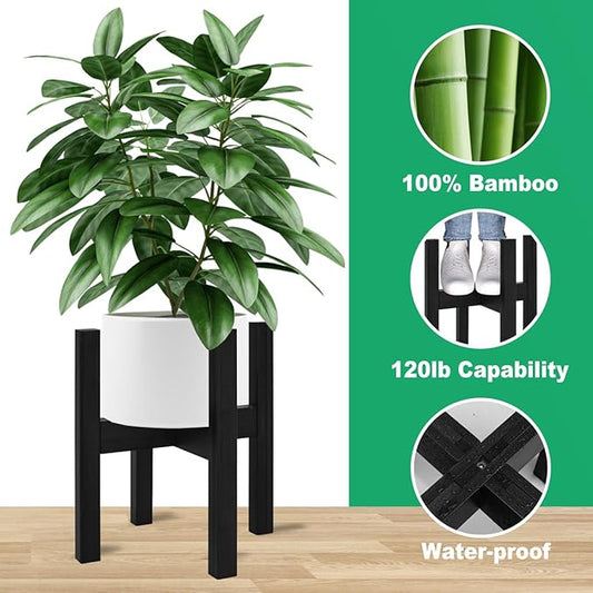 Adjustable Plant Stand Indoor,Bamboo Mid Century Modern Plants Stands, Stable Plant Holder,Fit 8 9 10 11 12 inch Pots (Pot & Plant Not Included)(Black)
