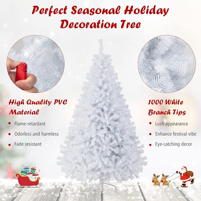 HAPPYGRILL 6 Feet White Artificial Christmas Tree with 1000 PVC Branch Tips Unlit Hinged Xmas Pine Tree with Sturdy Metal Base, Artificial Pine Tree for Indoor Outdoor Decor