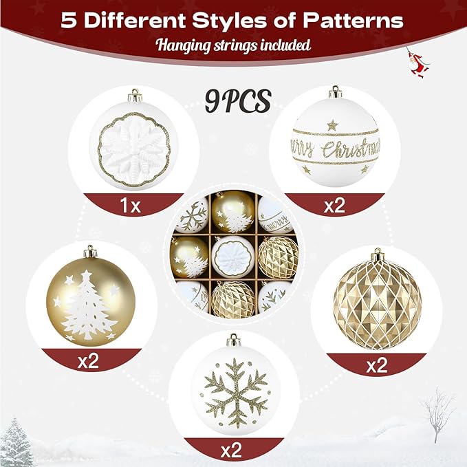 SHareconn 100MM/4 Inch 9PCS Large Christmas Balls Ornaments, Shatterproof Plastic Hanging Big Baubles Set for Xmas Tree Decoration Holiday Party Wedding Decorations with Hook,Gold and White