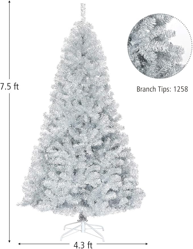 Happygrill 7.5 FT Christmas Tree Silver Tinsel Xmas Tree with 1258 Branch Tips Metal Stand, Artificial Hinged Christmas Tree for Indoor and Outdoor Holiday Decoration