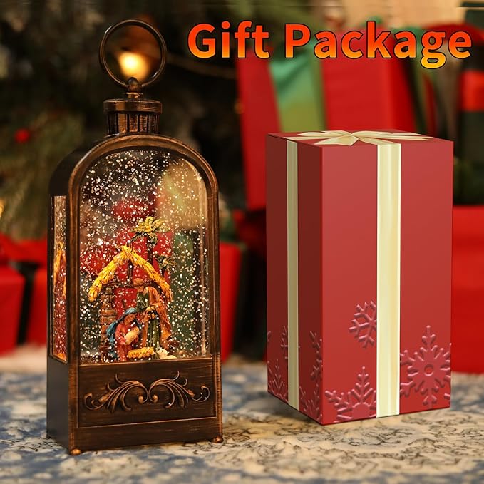 Nativity Scene Snow Globe Christmas Decorations Lantern, Glittering Lighted Plug-in, 3 AA Battery Operated & USB Powered, Nativity Scene Snow Globe Lantern for Christmas Home Decoration and Gift