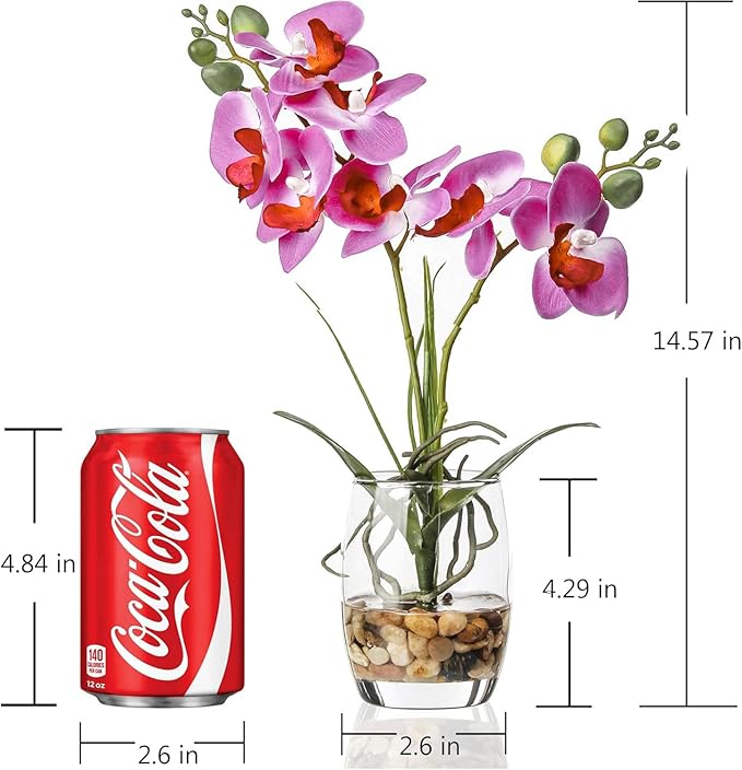 Jusdreen Artificial Purple Orchid in Glass Vase, Realistic Phalaenopsis Arrangement with Potting for Home Office Table Decor, 14.5 Inch Flower Centerpiece
