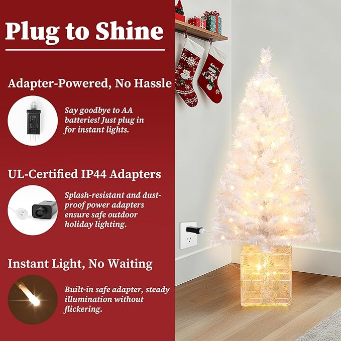 Brightever 4 FT Artificial Christmas Tree, Pre-lit Small Christmas Trees with Warm White String Lights & Unique Gold Gift Box Base, Plug in White Outdoor Xmas Trees for Front Door, Fireplace, Patio