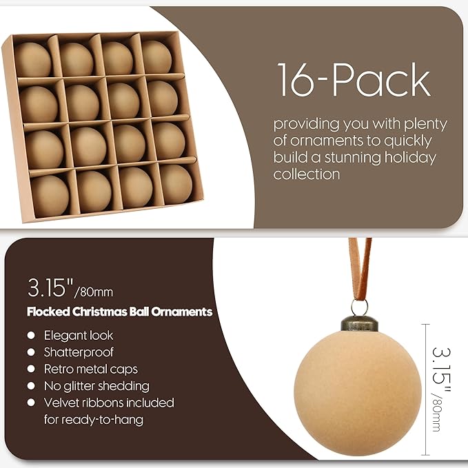 Sea Team 16-Pack Flocked Velvet Christmas Tree Ball Ornaments Set, Hanging Velour Baubles, Shatterproof Plastic Decorations for Xmas Tree, Wreath, Garland, 80mm/3.15 Inches, Beige