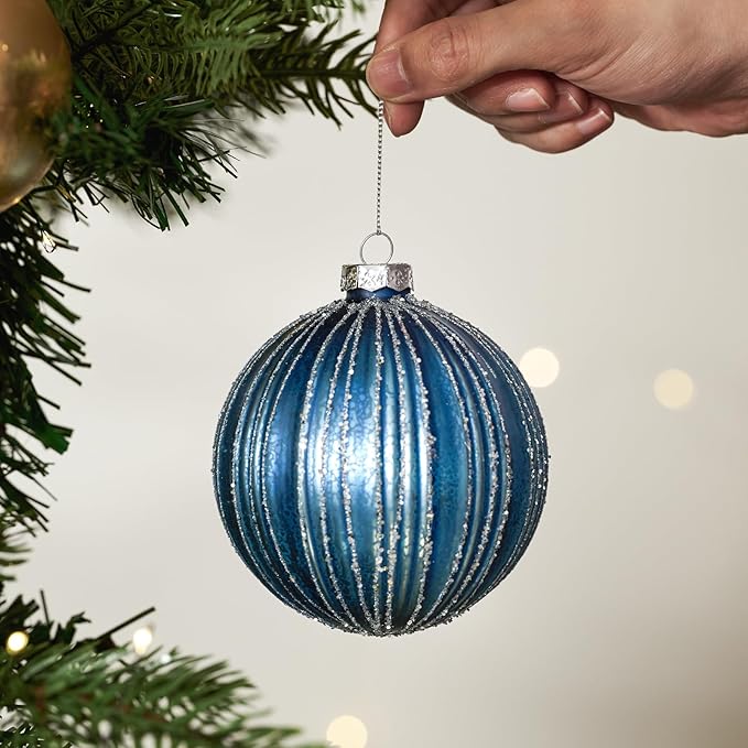 DN DECONATION 4PCS Blue Glass Christmas Ball Ornaments – 4” Shimmering Silver Lines Hanging Ball Ornaments Set for Christmas Tree, Winter Decor Elegant Holiday Decorations Wedding