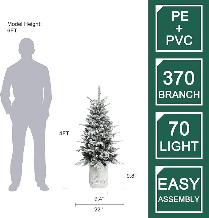 LuxenHome 4FT Small Potted Christmas Tree, Battery Operated Flocked Christmas Tree with 70 LED Lights, Prelit Artificial Xmas Trees with Pot, Lighted Pine Tree for Indoor, Outdoor Holiday Display