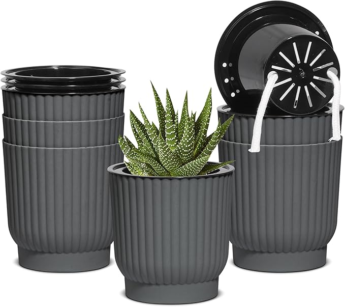 T4U 4 Inch Plant Pots Self Watering, 6 Pack African Violet Pots, Small Plant Pots for Plants, Small Indoor Plant Pot, Self Watering Planter for African Violet, Succulents (6 Pack 4" Pots, Gray)