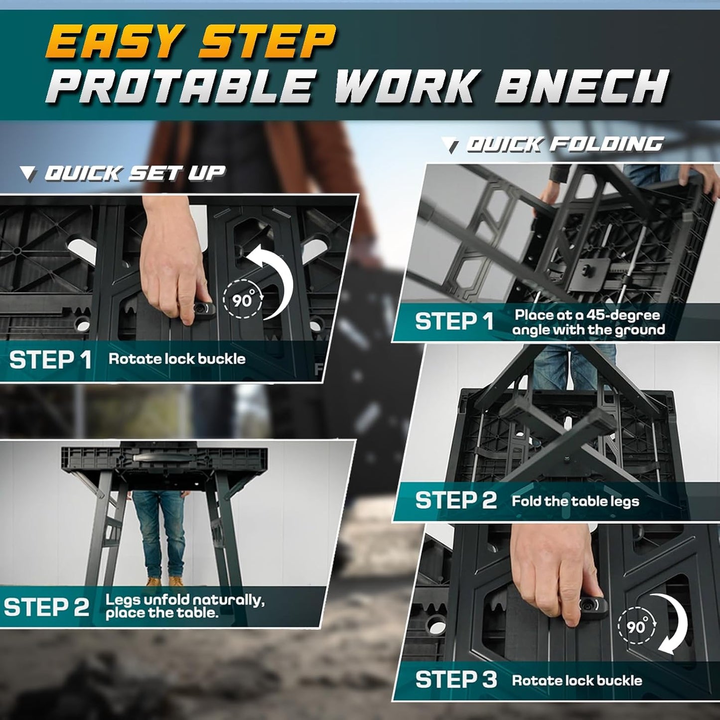 Foldable Work Bench,Easy Step Protable Work Table,34" W x 25" D x 31" H Lightweight Workbench wih 1650LBS,Work Benches for Garage,Work Bench Suitable for Garage,Workshop and Home (Black)