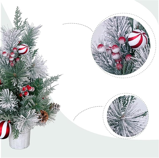 Tabletop Christmas Tree with Snow and Red White Balls for Home Decoration, Small Xmas Desk Tree for Indoor Outdoor, Red Berries Pinecone Small Tree