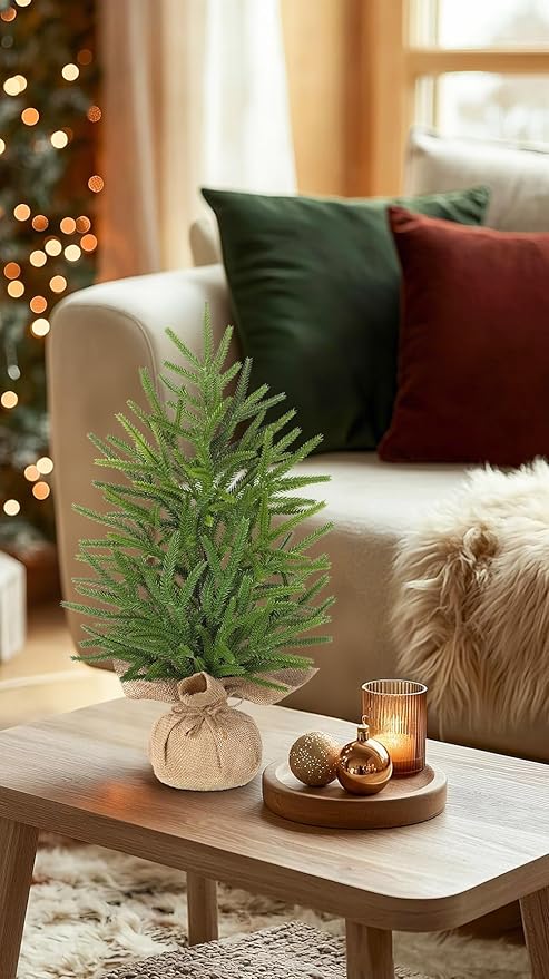 Artificial Mini Christmas Tree Tabletop - 21.6" Small Xmas Norfolk Pine Tree with Burlap Weighted Base Miniature Christmas Decor Centerpiece for Home Kitchen Holiday Party Farmhouse Desktop Indoor