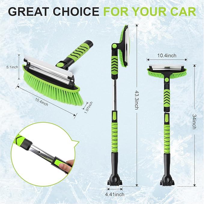 Yougfin 43" Ice Scraper for Car Windshield, Snow Brush with Squeegee, 3 in 1 Snow Removal for Cars with Foam Grip and 180° Pivoting Brush Head for Auto Truck SUV