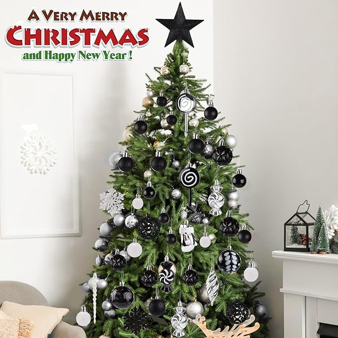 Shatterproof Christmas Ball Ornaments Set, 130 Pack Christmas Tree Decorations, Assorted Hanging Christmas Balls Bulk for Holiday Indoor Outdoor Xmas Party Decor (130 Black)