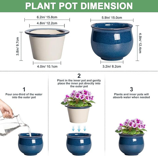 African Violet Pots, 6 Inch Ceramic Easy Self Watering Pots for Indoor Plant, Round Self Watering Planter with Absorbent Inner Pot, Ceramic Flower Pot, Room Decor, Plant Lover Gift, Retro Blue