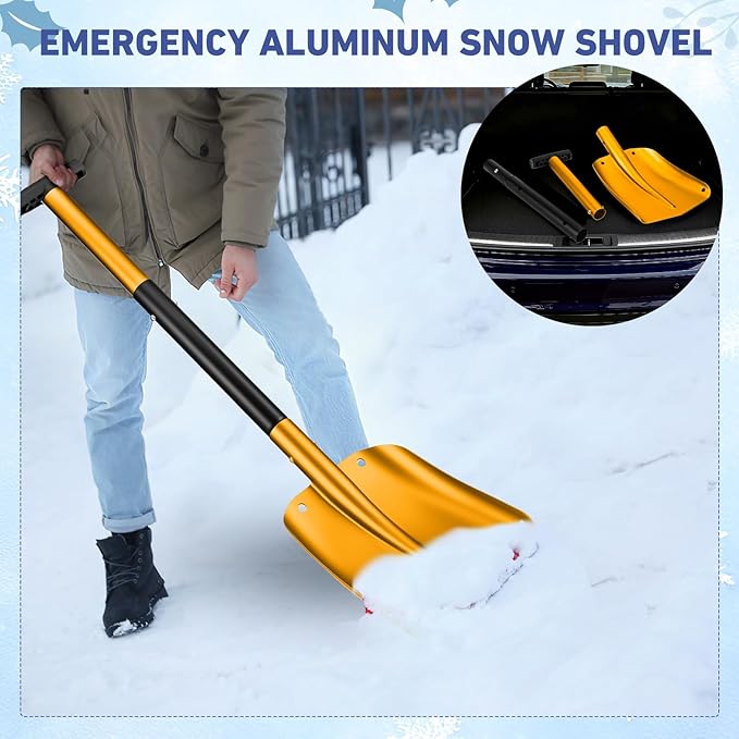 Gisafai 1 Pcs 34'' Detachable Emergency Snow Shovel for Car Aluminum Extendable Collapsible Snow Shovel Emergency Car Cleaning Equipment Suitable for Truck SUV Van Camp Outdoor (Gold)