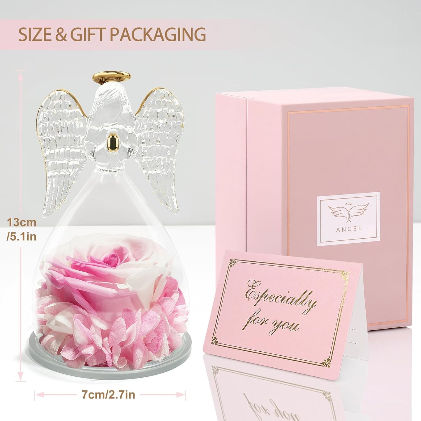 Yamonic Birthday Gifts for Women, Angel Figurines with Real Rose Gifts for Her Mom Grandma,Preserved Flowers Rose Gifts for Christmas Anniversary Birthday Gifts for Her (White+Pink)