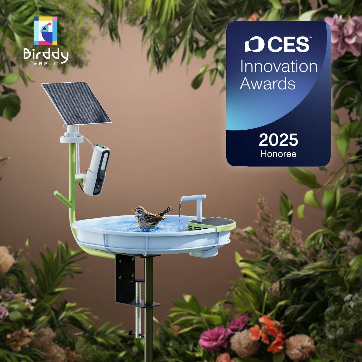 RELI Birddy Original Smart Bird Bath with Camera Solar Powered, Automatic Flowing Birdbath with Birds Watching Camera, AI Identify, Live View, Instant Notify, Ideal Gift for Bird Lovers