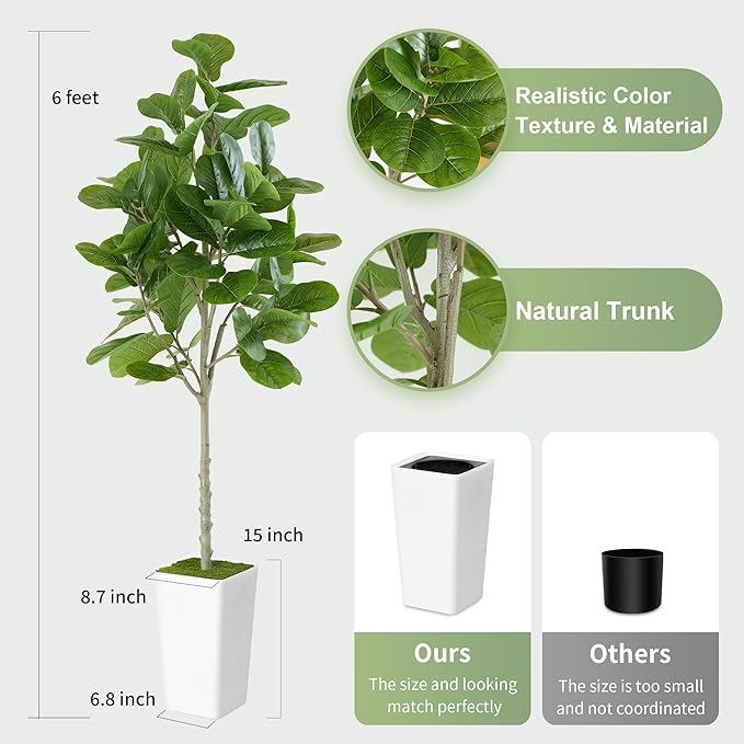 Artificial Fiddle Leaf Fig Tree 6ft - Realistic Tall Fake Plants for Office Home Living Room Bedroom Decor Indoor Outdoor - Green Large Silk Faux Floor Plant with Pot