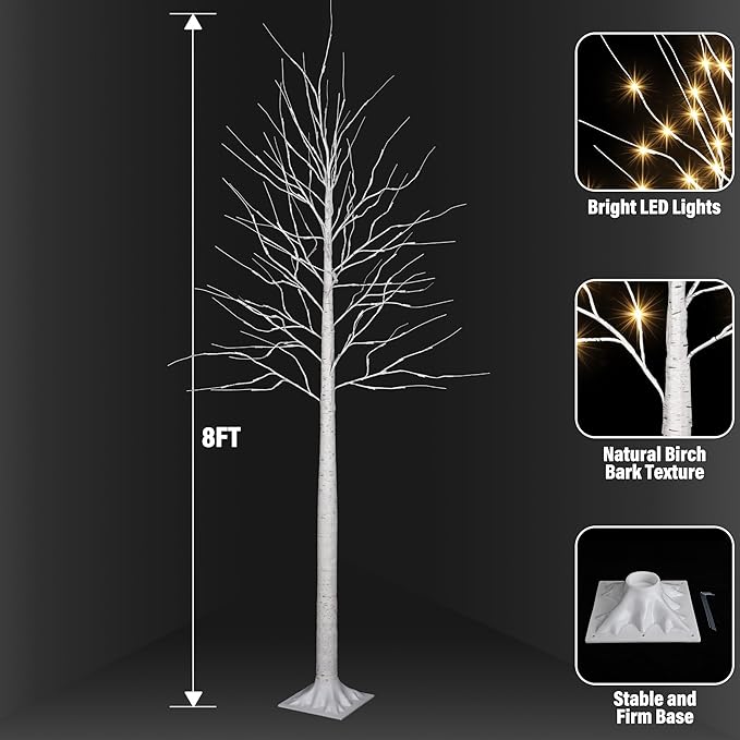 iBaycon 8FT Christmas Birch Tree Lights, Lighted Birch Tree LED Artificial Trees with 8 Modes Timer, Prelit Light Up Trees for Indoor and Outdoor Party Holiday Christmas Decorations