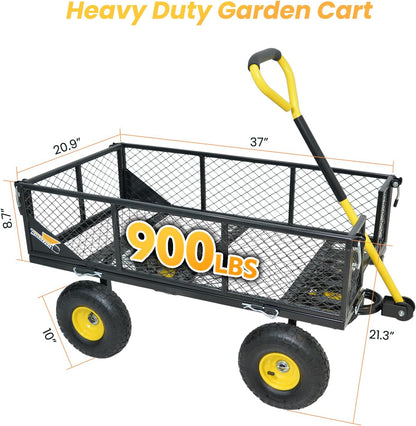 900 lbs Steel Garden Cart, Heavy Duty Yard Utility Wagon with 10" Pneumatic Tires, Removable Mesh Sides and 180° Rotating Anti-Slip Handle