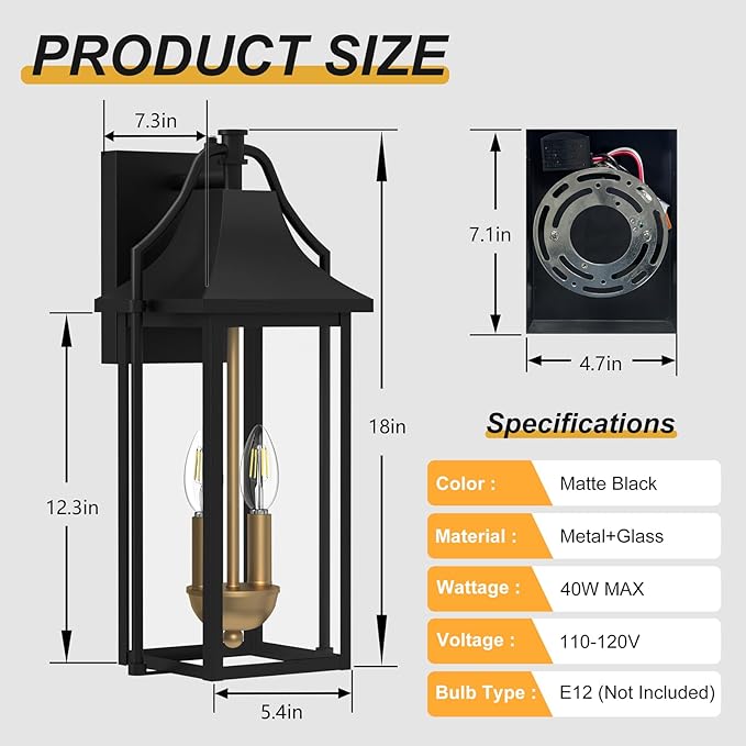 𝟏𝟖𝑰𝑵 Outdoor Wall Sconce Fixture, Dusk to Dawn Patio Lights Waterproof Exterior Lanterns, 2-Light Modern Wall Lights Mounted with Glass, Black Outside Light for House Front Door Decor