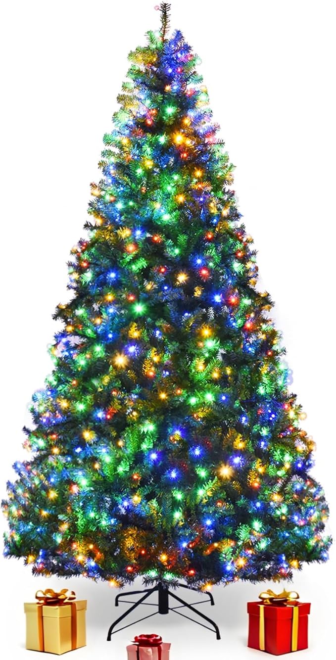 COSTWAY 8 FT Pre-lit Christmas Tree, Artificial Xmas Tree with 750 Warm White & Multicolored Lights, 11 Modes, 2128 Branch Tips, Metal Support, Holiday Decoration Fake Tree for Home, Office, Party