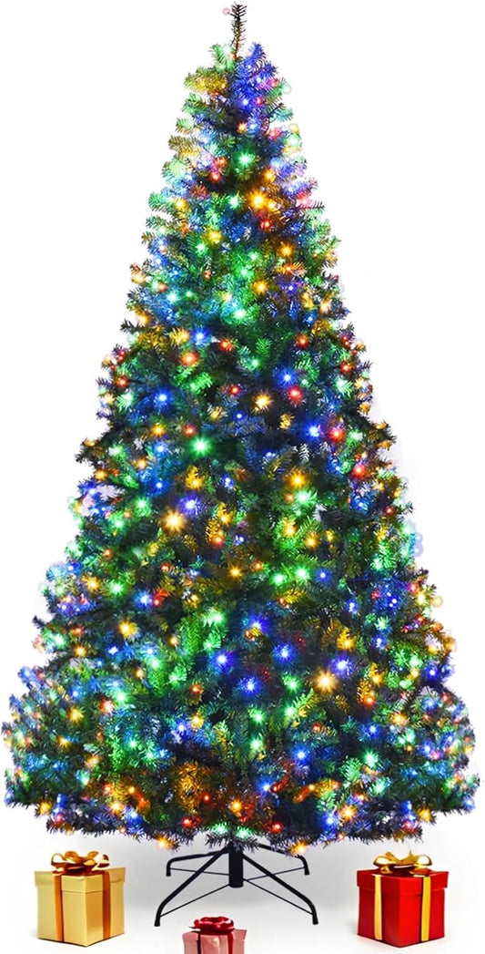 COSTWAY 8 FT Pre-lit Christmas Tree, Artificial Xmas Tree with 750 Warm White & Multicolored Lights, 11 Modes, 2128 Branch Tips, Metal Support, Holiday Decoration Fake Tree for Home, Office, Party
