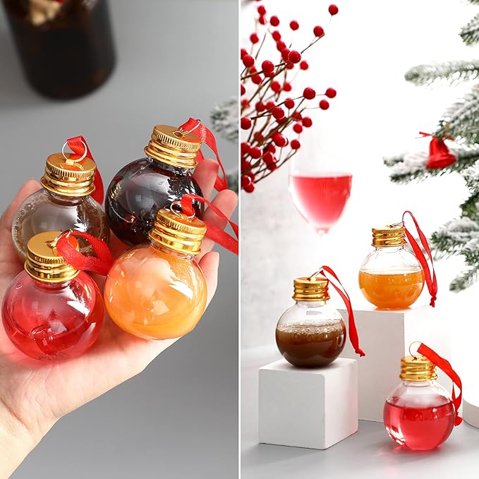Patelai 18 Pcs Christmas Drink Balls Clear Shot Glass Ornaments Xmas Tree Fillable Ornaments Plastic Xmas Water Bottle Bulbs for Holiday Party Decorations (Round,50 ml)