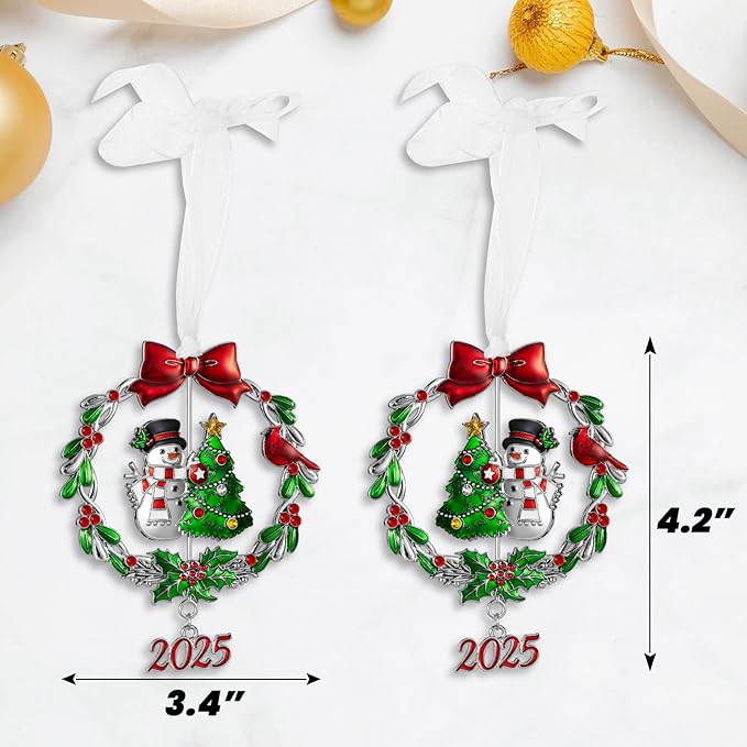 2025 Snowman Christmas Tree Ornament Metal Silver Hanging Rotatable Design Charm Holiday Decorative Pendant Gift Keepsake (Bow)