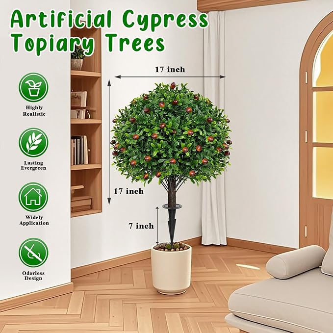 Artificial Boxwood Topiary Tree with Olive, Set of 2 Artificial Shrub Bushes with Ground Spike, Fake Evergreen Tree for Porch, Artificial Plants for Outdoor Planters Indoor UV Resistant