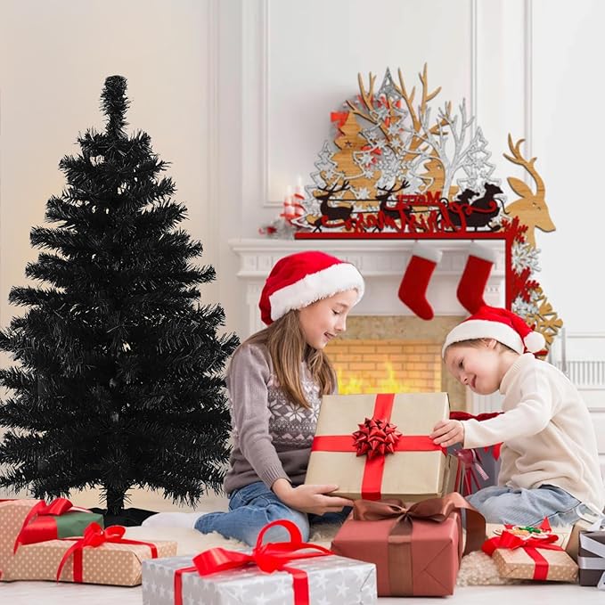 3 Ft Artificial Christmas Tree for Tabletop, Mini Xmas Tree with Plastic Stand for Indoor Outdoor Holiday Home Party Christmas Decorations Black