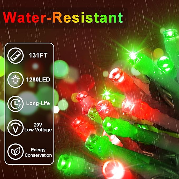 131 FT 1280 LED Christmas Lights Outdoor Decorations Super Long Clear Wire String Lights Plug in 240 Drops 8 Modes Memory Timer Curtain Fairy Lights Waterproof for Holiday Wedding Party-Red and Green