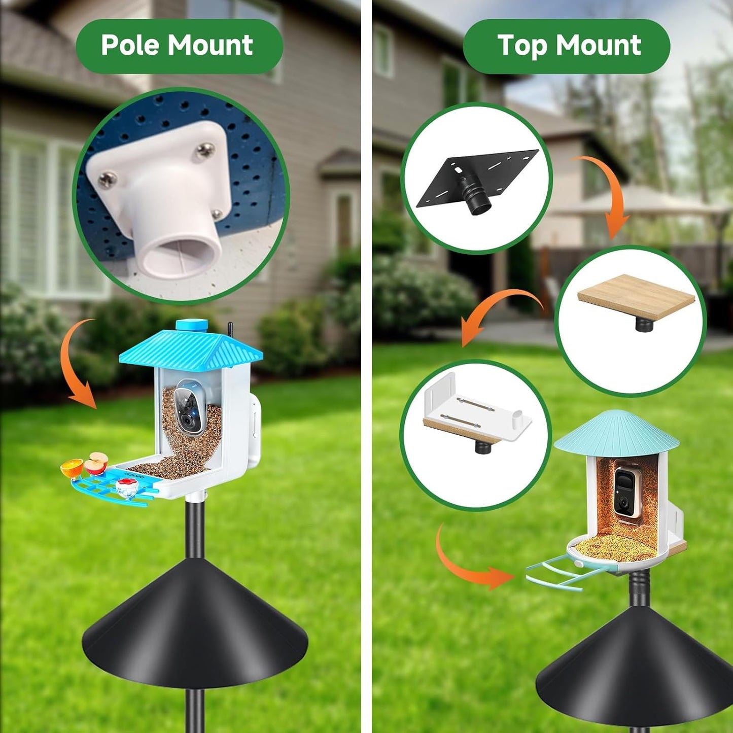 Smart Bird Feeder Pole Stand 79In,Adjustable Height Metal Bird House Pole for Outdoor Garden with Multiple Mounting Options (Black, Round Squirrel Baffle - High 79in)