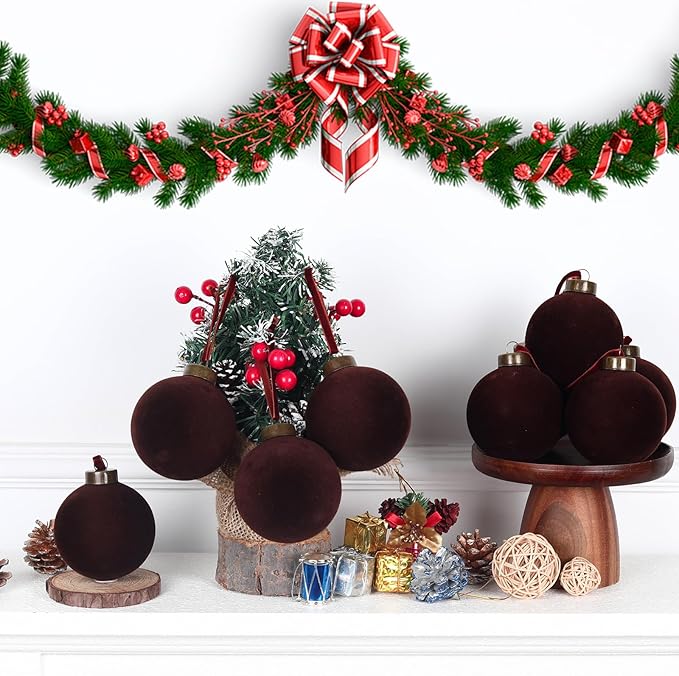 12 Pcs Velvet Christmas Balls Bulk Shatterproof Plastic Christmas Tree Decorations for Decorative Hanging Baubles (12, Coffee, 2.36Inch)
