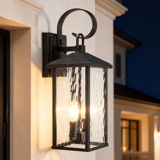 Porch Lights Outdoor Wall Light Fixtures Wall Mount, Modern Exterior Lighting Fixtures with Water Ripple Glass Waterproof, 2-Light E12 Sockets Outside Garage Lights for House Patio Porch