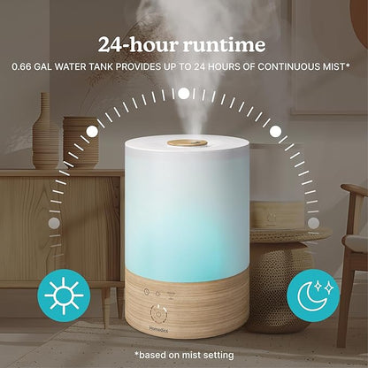 Homedics Cool Mist Ultrasonic Humidifier, 8-Colors Night Light, 0.66 Gal Top-Fill Tank, 24Hr Runtime, 3 Mist Settings, 360° Mist for 329 sq ft Rooms, Aromatherapy, Clean Tank Tech, Auto Shutoff